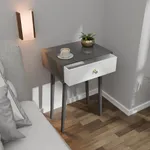 ETIQUETTE ART Modern Bedside Table with Solid Wood Legs, Minimalist and Practical End Side Table with Drawer Storage, Easy Assembly (Grey & White)