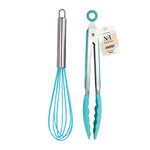 NFI essentials Silicone Whisk and Tong Set, Non-Stick Cooking Safe Set of 2 Silicone Set for Egg Beater, Frying, Whisking, Grillin, Dishwasher Safe Whisks for Cooking Heat Resistant