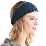 CHARM Summer Linen Bandana Headband - Women Hairband Wide Elastic Head Wrap Men Band Navy