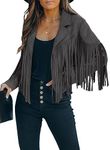 Daysskk Womens Western Jackets Grey Faux Suede Fringe Jacket for Women UK Long Sleeve Cropped Jackets Ladies 70s Cowgirl Outfits L