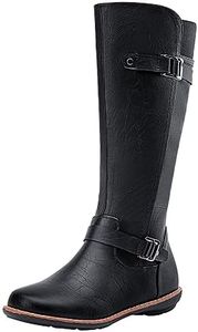 Jeossy Women's 9655 Knee High Boots Black Pu Flat Riding Boots Buckle Tall Boots with Zipper for Women Size 9(DJY9655 blackpu 09)