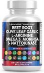 Clean Nutraceuticals Beet Root Capsules Olive Leaf Nattokinase Garlic Extract L-Arginine Omega 3 Red Yeast Rice Hibiscus Danshen - Healthy Support Supplement - 90 Ct