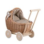 Natural Wicker Dolls Pram Vintage Dolls Pushchairs on Wooden Wheels Pram for Dolls Handmade Toy Buggy Baby Doll Stroller Retro Style Doll Pram with Beige Bedding e-wicker24 (Beige)