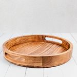 Insight Arts Solid Wood Round Tray Tea & Coffee Table Decorative Serving Tray Food Storage Platters for Serving Beverages & Food on Bar Living Room Home DiningTable with Cutout Handles (Burn Natural)