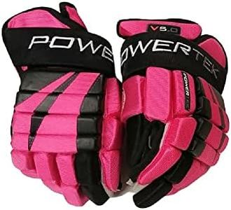 PowerTek V5.0 Tek Youth Ice Hockey Gloves, Flexible Full Motion Cuff (Pink/Black, 9")