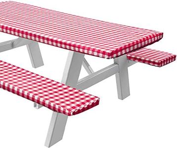 Sorfey Vinyl Picnic Table and Bench Fitted Tablecloth Cover, Checkered Design, Flannel Backed Lining, 28 x 72 Inch, 3-Piece Set, Red