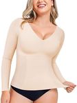 LODAY Compression Tank Tops for Women Tummy Control Shapewear Seamless Body Shaper Workout V-Neck Camisole Cami Tops (Beige-Long Sleevee, Large)