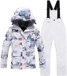 boys snowsuit kids size 8-10 winter snow pants coat ski bibs windproof warm suit, White, 8-9