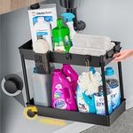 Waretary Under Sink Storage Kitchen Organiser, 2 Tier Slide Out Under Sink Organiser, Multi-Purpose Under Sink Cabinet Basket Organiser with 4 Hooks 1 Hanging Cup for Bathroom Kitchen(Black)