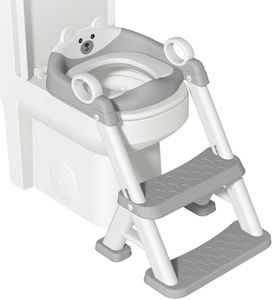 Potty Training Toilet Seat, 2 in 1 Potty Training Seat Adjustable Toddlers Potty Toilet Trainer with Steps Non Slip Handle & Soft Cushion Foldable Travel Toddler Toilet Seat for Kids Boys Girls, Grey