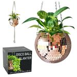 SCANDINORDICA Disco Ball Planter – Disco Ball Plant Hanger, Mirror Disco Planter with Chain and Macrame Hanger, Hanging Planters for Indoor Plants | 8 inch Rose Gold