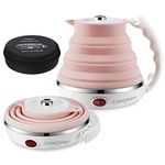 Ultrathin Upgraded Food Grade Silicone Travel Foldable Electric Kettle Boil Dry Protection Portable with Dual Voltage and Separable Power Cord,555ML 110-220V US Plug (Pink)