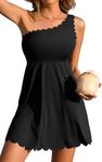 Charmo Swim Dress for Women Swimwear Ribbed One Shoulder One Piece Tummy Control Scalloped Swimsuit Swimming Suits for Women with Skirt Black L