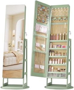LVSOMT 360° Swivel Jewelry Cabinet with 6 LED Lights, Framelss Full Length Mirror with Storage, Standing Lockable Jewelry Organizer Armoire with 4 Rear Shelves & Hooks, White Surface, Black Lining