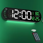 13.7 Inch Wall Clock, Large Wall Clock with Remote Control RGB Night Light Automatic Brightness Dimmer Dual Alarm Date Week Temperature, Wall Clocks for Living Room, Bedroom, Decor, Gift, Green