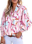 Astylish Womens Summer Tops Button Down Shirts Versatile Chiffon V-Neck Dressy Lantern Sleeve Bohemian Blouse Light Pink XX-Large