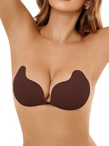 Rosefly Sticky Bra Push up for Women - Jersey Fabric, Built-in Sponge & Deepen Cups, Under-Bust Micro Support, AB Adhesive, Invisible Seamless Backless Strapless Bra for Dress, Cups A, Coffee