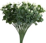 Grand Verde Eucalyptus Stems Artificial Greenery Bouquets Plastic Plants Faux Silk Green Leaves Fake White Flowers 20” Tall, Bulk 6pcs