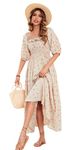 R.Vivimos Women's Square Neck Floral Slim Fit Half Sleeve Dresses Cottagecore Long Midi Dres(Large,Beige#1-Floral)