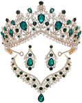 SWEETV Baroque Wedding Crown for Bride, 3-pack Tiara Earrings Necklace, Bridal Jewelry Set, Gold Green Crystal Costume Party Birthday Prom Pageant Jewelry for Women, Genesis