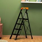 Bonkaso Alloy Steel Climb Master 4-Step Foldable Heavy Duty Ladder for Home, Indoor and Outdoor Purpose with Anti-Slip and Advanced Locking System - (Black&Orange)