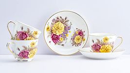 GOLDEN QUEEN'S Cup & Saucer Set | Perfect for Hosting & for Tea/Coffee Lovers | Handcrafted in India, Inspired by Florals & 24-Carat Gold Rim | 6 Cups & 6 Saucers |170 ml - English Rose