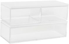 Martha Stewart Brody Plastic Storage Organizer Bins with Engineered Wood Lids for Home Office,-Kitchen, or-Bathroom, 3 Pack, 2-Small/1-Medium, Clear/White