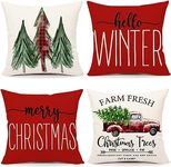 ALINK Christmas Pillow Covers 18x18 Set of 4 Farmhouse Christmas Decorations Merry Christmas Tree Truck Hello Winter Holiday Decor Throw Cushion Cases for Home Couch (Red)