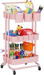 LEHOM 3-Tier Rolling Mobile Utility Cart with Hanging Cups & Hooks & Handle Multifunctional Organizer Storage Trolley Service Cart with Wheels Easy Assembly for Office, Bathroom, Kitchen (Pink)