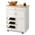 GiantexUK Kitchen Storage Trolley on Wheels, Rolling Serving Island Cart with Drawer and Wine Racks, Wooden Storage Display Cabinet for Dining Room Restaurant & Bar (Natural + White)