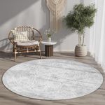 BEIMO Round Rug 5FT for Bedroom Living Room Area Rug, Machine Washable Large Vintage Floral Print Dining Room 5' Rug, Low Pile Lightweight Thin Mat with Non Slip Backing, Distressed Cream/Gray