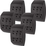 GE 6-Outlet Extender Wall Tap, 5 Pack, Grounded Adapter, Charging Station, 3-Prong, Secure Install, UL Listed, Black, 54852