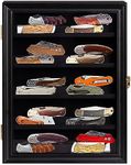 Pocket Knife Display Case for Wall Knife Collection Display Case with Patented Step Design and Removable Shelves to Use as Wall Mount Shadow Box Cabinet that Holds up to 20 Locking Knives Color Black