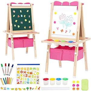 Art Easel for Kids Wooden Kids Easel Double Sided Adjustable Standing Whiteboard and Blackboard with Storage, Painting Art Present for Girls and Boys