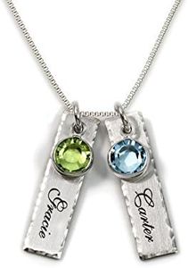 Unity in Two Personalized Charm Necklace. Customize 2 Sterling Silver Rectangular Pendants with Names of Your Choice. Choose 2 Swarovski Birthstones, and 925 Chain. Makes Gifts for Her