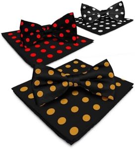 Vittorio Farina 3-Pack Polka Dot Bow Tie & Pocket Square Combo Set for Men (Black/Gold,Red,White)