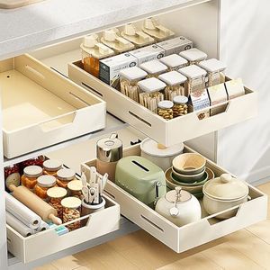 Pull Out Cabinet Organizer, Peel and Stick Pull Out Drawers for Kitchen Cabinets, 2 Pack Heavy Duty Slide Out Pantry Shelves, Stainless Steel Multifunction Sliding Drawer Pantry Shelf (42 x 29 x 6cm)
