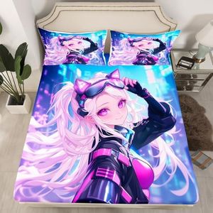 Erosebridal Girls Japanese Anime Fitted Sheet Queen, Kawaii Anime Girl Bed Sheets Cartoon Girl Bedding Set for Kids Teens Adult Women, Japanese Animation Sci Fi Style Sheets,Blue Purple