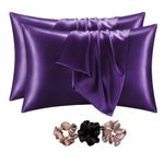 GO WELL solid Satin Silk Pillow Covers Pack of 2 for Hair and Skin-with Satin Scrunchies for Women Stylish|Satin Pillow Cover|scrunchies for Women 3-Piece|Silk Pillow case(Darkpurple) 600TC