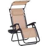 Outsunny Foldable Lounge Chair with Canopy Shade, Outdoor Zero Gravity Chair w/Side Tray & Cup Holder, Reclining Lounger w/Breathable Mesh Fabric Seat, Pillow, Beige