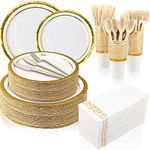 350PCS White and Gold Party Supplies, Disposable Dinnerware Set for 50 Guests, 50 Dinner Paper Plates, 50 Salad Gold Plates, 50 Silverware Set, 50 9 OZ Paper Cups for Wedding, Birthday, Parties