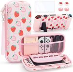Large Switch Case Compatible with Nintendo Switch with Dockable Protective Cover, Cute Travel Carry Case Bundle Bag Portable Protective Accessories Kit , Strawberry Pink