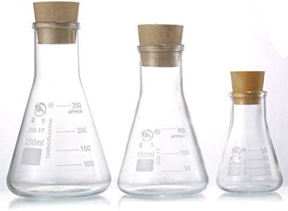 Young4us Glass Erlenmeyer Flask Set, (250 ml, 150 ml & 50 ml) Graduated Borosilicate Glass Erlenmeyer Flasks with Rubber Stoppers & Accurate Scales for Lab, Experiment, Chemistry, Science Studies etc