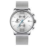 Men’s Watch Fashion Sleek Minimalist Quartz Analog Mesh Stainless Steel Waterproof Chronograph Watches, Auto Date in Blue Hands, Color: Silver White