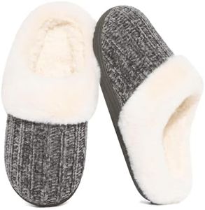 Evshine Women's Warm Chenille Knit House Slippers Comfy Memory Foam Winter Slippers with Faux Fur Collar and Indoor Outdoor Soles Charcoal Grey, 38-39 (Size 7-7.5)