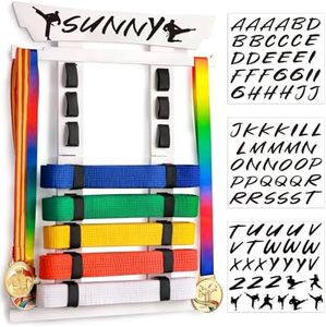 Tilhumt Karate Belt Display Rack, Taekwondo Belt Display with Stickers, Martial Arts Belt Display Holder for 8 Belts with Medals Hanger, No Assembly Required (White)
