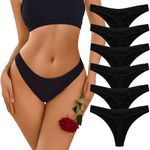 Ekouaer Womens Thongs Invisible Panties 6 Pack No Show Seamless Hipster G-String Cotton Thong Small Black Underwear