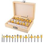 Gueenky 15 Pieces Router Bits, 6.35mm 1/4 Inch Shank Router Bits Set, Tungsten Carbide Router Bit Set with Wooden Box, Milling Cutter Set for Woodworking, with Wrench