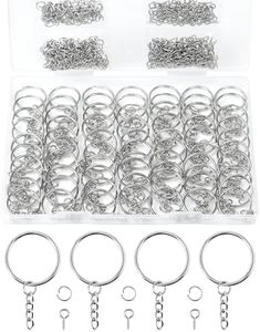 FIVEIZERO 100Pcs Key Ring with Chain, Keychain Making Kit with 100Pcs Small Screw Eye Pins, 100Pcs Open Jump Rings & Silver Small Screw Eye Pins Mini Eyelet Screws