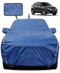 Fabtec Waterproof Car Body Cover for Toyota Glanza with Mirror and Antenna Pocket, Triple Stitched and Soft Cotton Lining (Metallic Blue with White Piping)